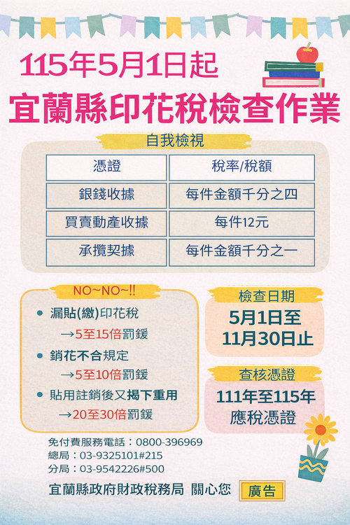 宜蘭縣自5月起展開印花稅檢查作業
