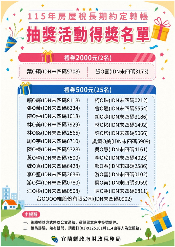 好運擋不住!宜蘭縣115年房屋稅 E 化、轉帳抽獎幸運兒今出爐!E化繳稅大增...