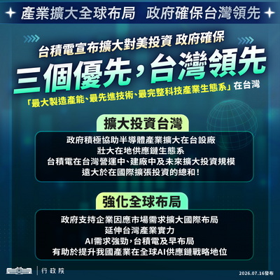 台灣半導體全球布局擴大產業實力 政院:確保三個優先 維持台灣領先